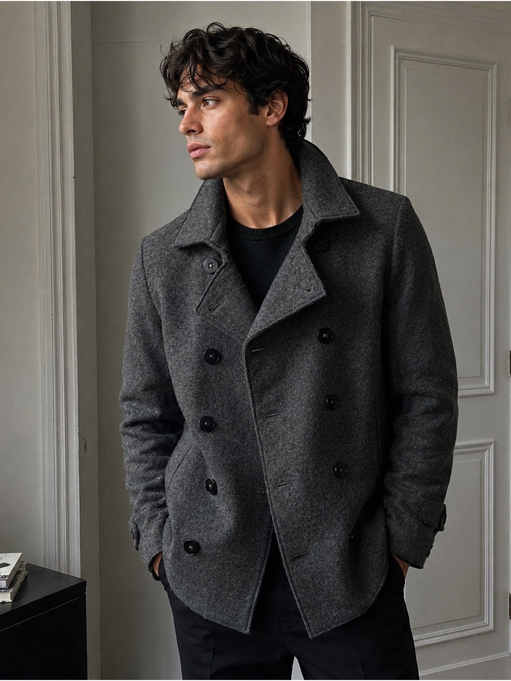 BARENA VENEZIA MEN'S VIRGIN WOOL CHARCOAL KNIT DOUBLE-BREASTED PEACOAT